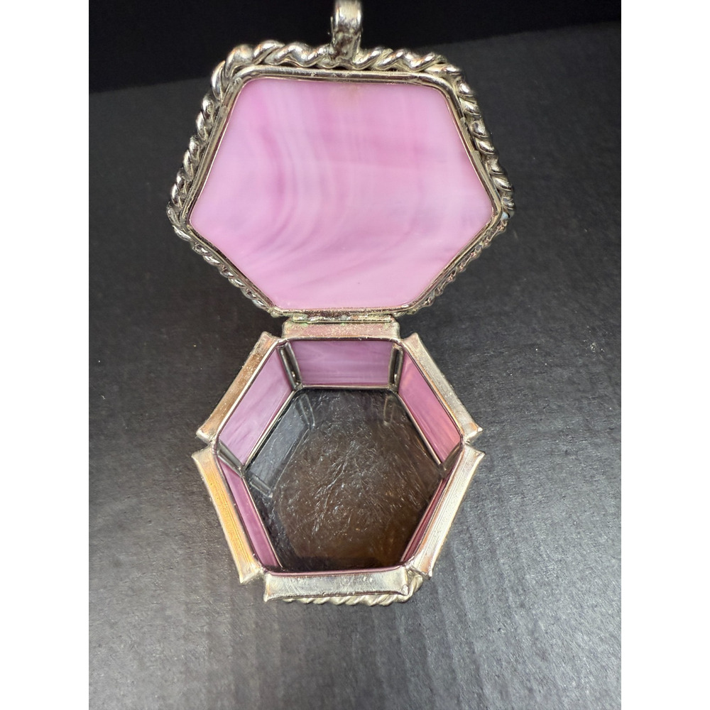 Stained Glass Trinket Box Hexagon Pink Flower Star Top Etched Glass Bottom - Picture 6 of 10